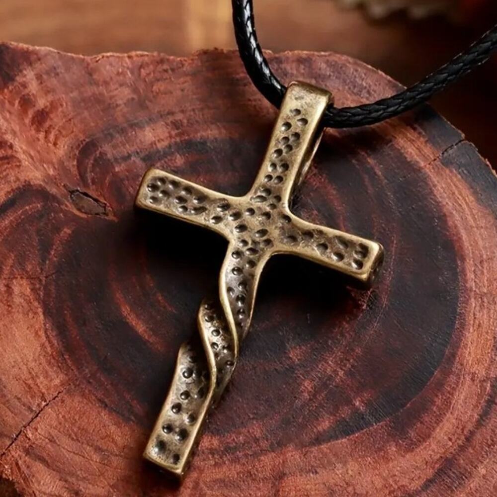 Textured Cross Pendant Necklace | Bronze Tone Twisted Cross on Black Cord